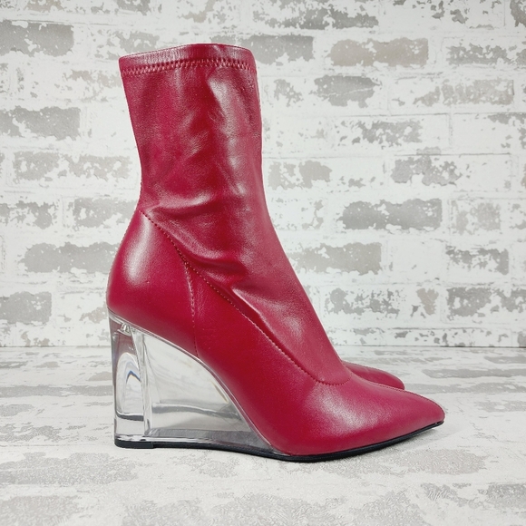 NEW Open Edit Burgundy Leather Ederika Clear Wedge Pointy Toe Ankle Boots i131 - Picture 5 of 14